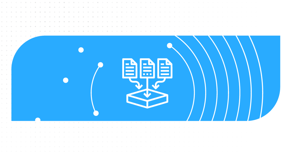 cloud icons with data points going into a server with a large blue graphic background