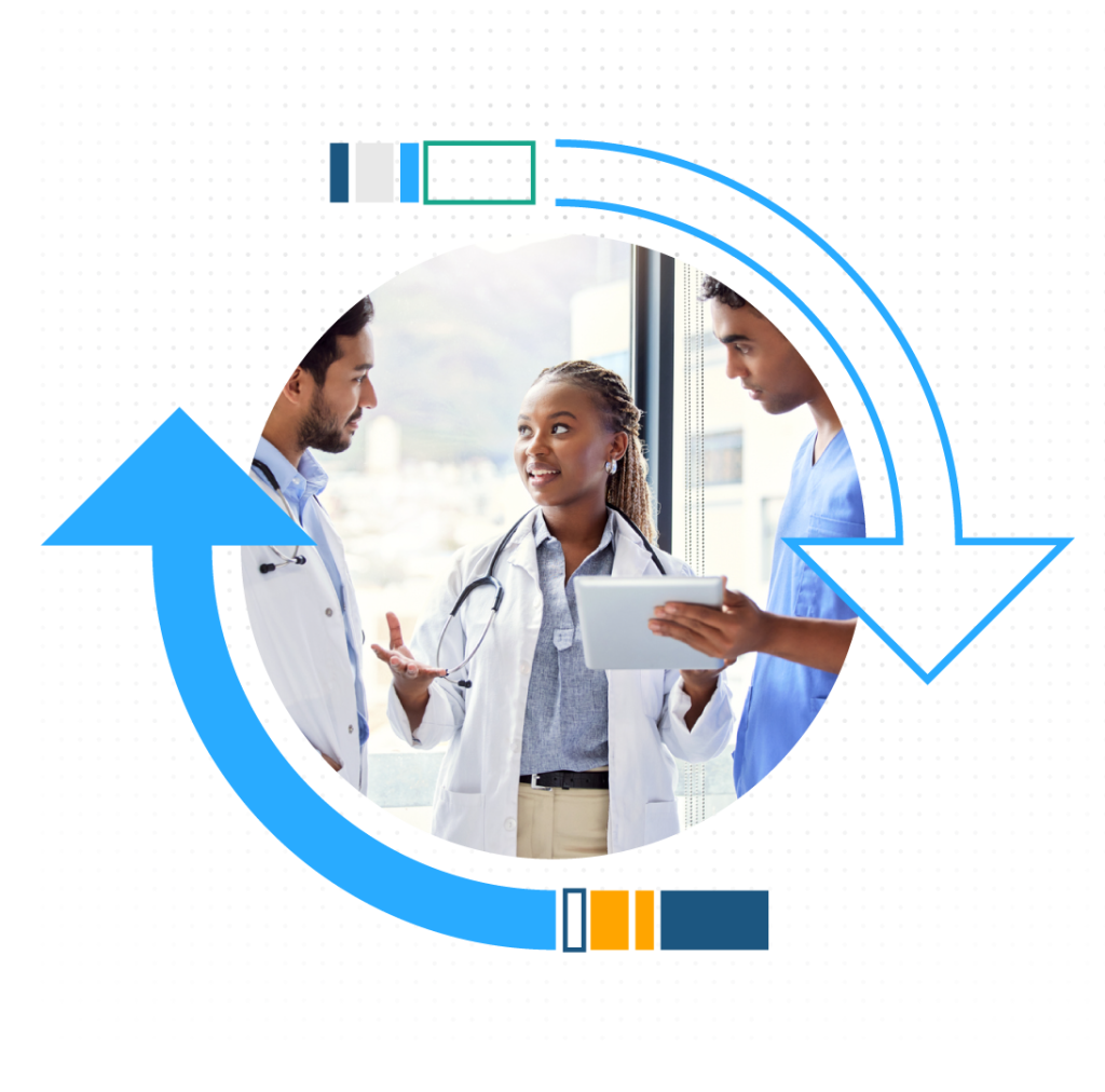 Healthcare employees talking in a circle with arrows indicating upward movement