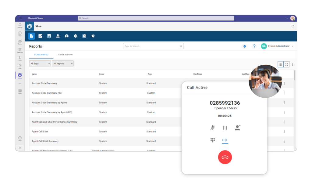 Microsoft teams integration with Xima showing the UI