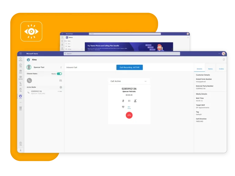 Screenshot of Xima's microsoft teams integration with graphic elements arnd it