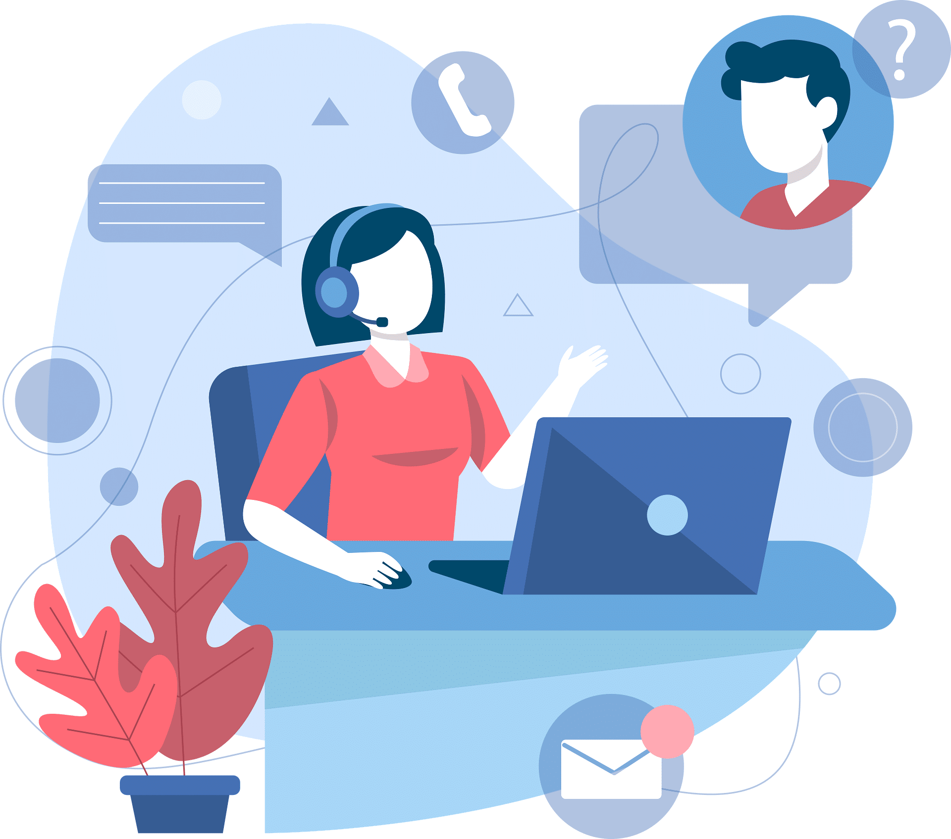 An illustration of a customer service representative wearing a headset, working on a laptop at a desk.