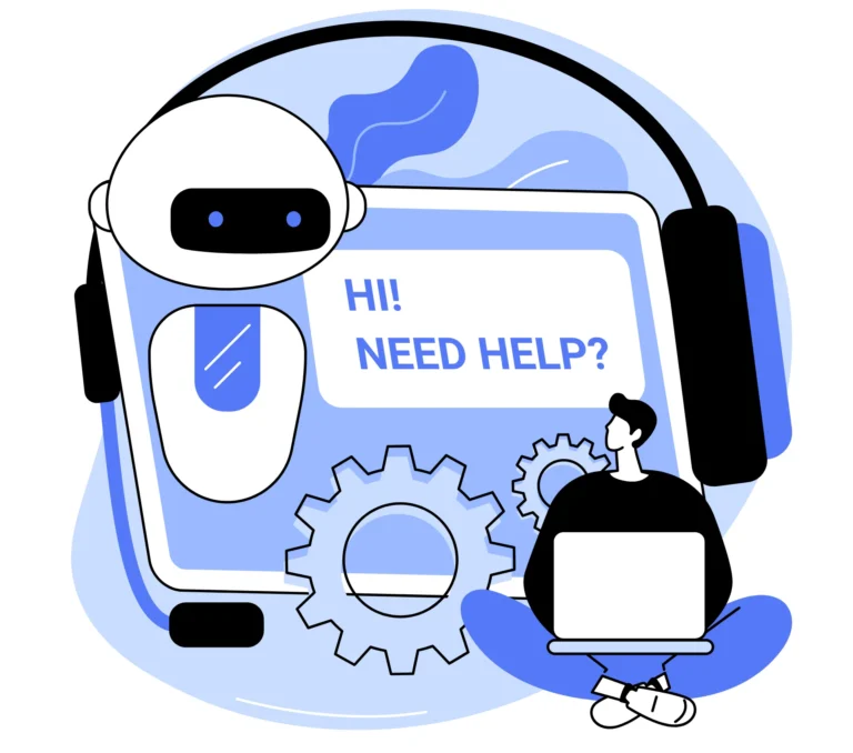 A conceptual illustration of AI-powered customer support featuring a chatbot and a person working on a laptop.