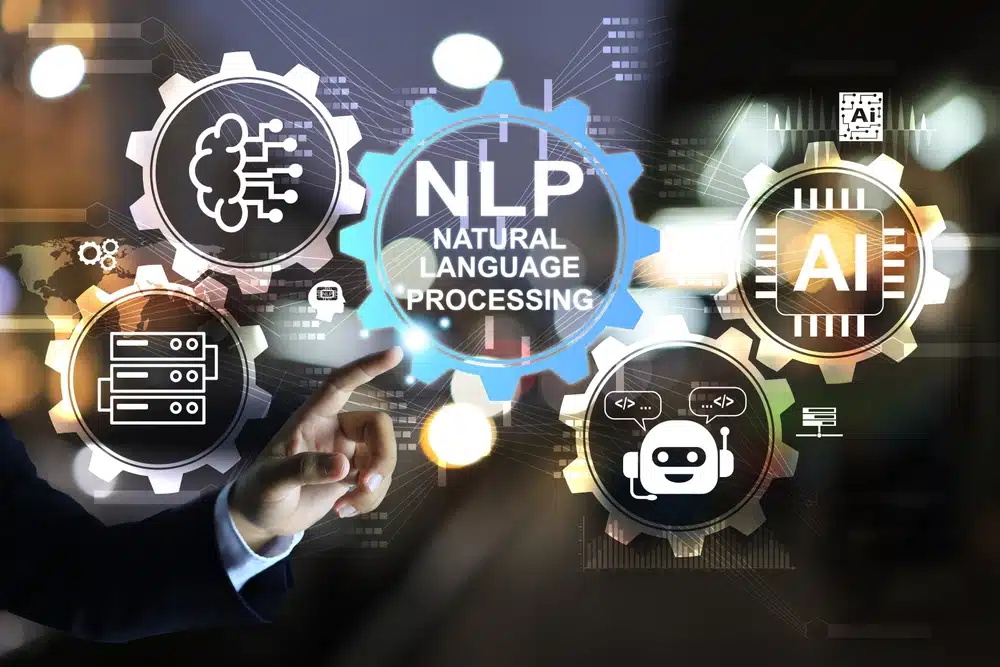 A hand pointing to interconnected gears labeled "NLP," "AI," and related technological terms, representing Natural Language Processing, artificial intelligence, and their integration in data and communication systems.