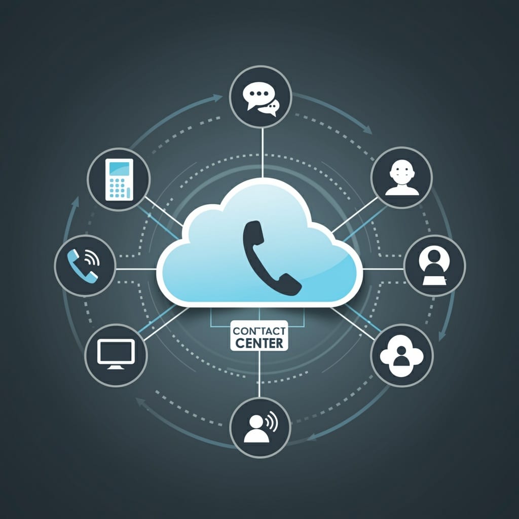 Cloud-based contact center illustration highlighting omnichannel communication via voice, chat, email, and social media.