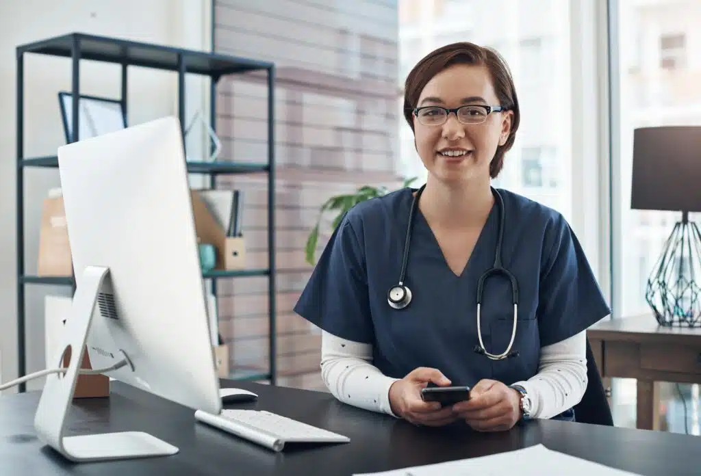 healthcare professional with phone