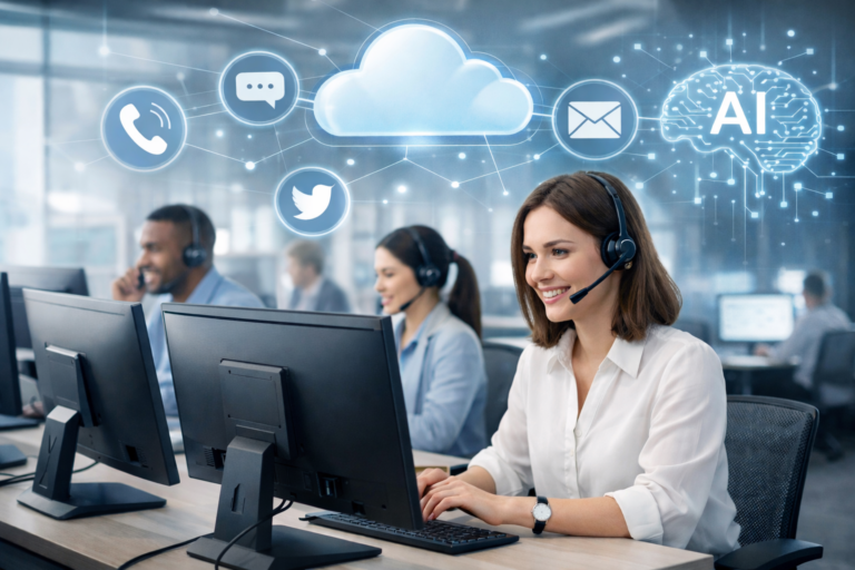 modern, cloud-based contact center with agents confidently interacting through multiple digital channels