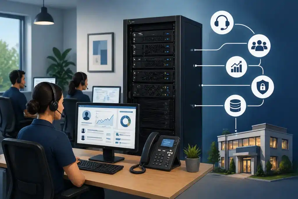On-premise contact center system for SMBs featuring agents using desktop dashboards connected to in-house server racks, secure office environment, and local data infrastructure with analytics and communication tools.
