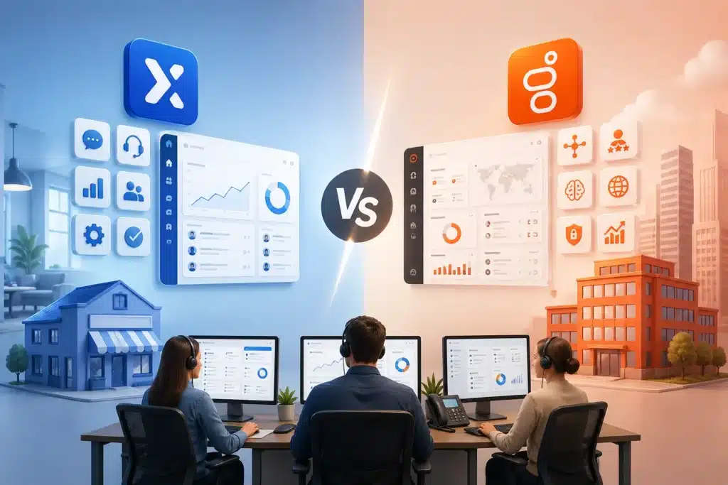 Modern split-screen illustration comparing two SMB contact center platforms, featuring agents using dashboards in blue and orange office environments, highlighting analytics, communication tools, and business scalability without text.