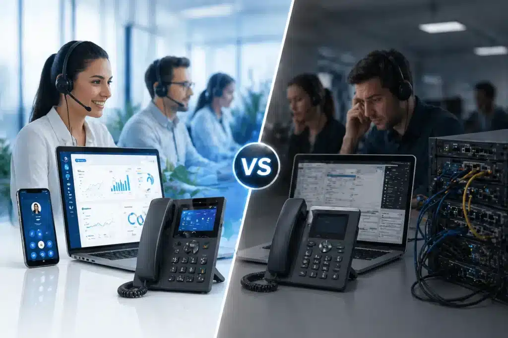 Small business call center comparison showing modern cloud-based system vs traditional phone system with agents and analytics dashboards