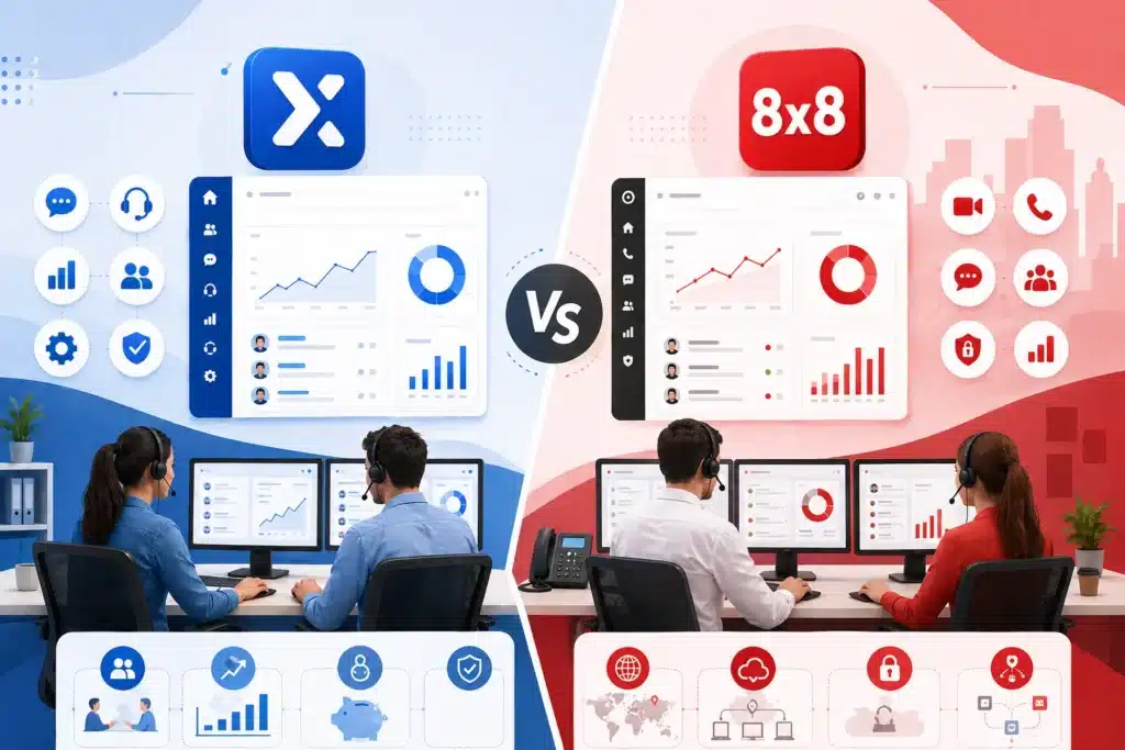 Split-screen illustration of two small business contact center platforms, featuring agents using dashboards in contrasting blue and red office environments with analytics, communication icons, and cloud-based tools, no text.