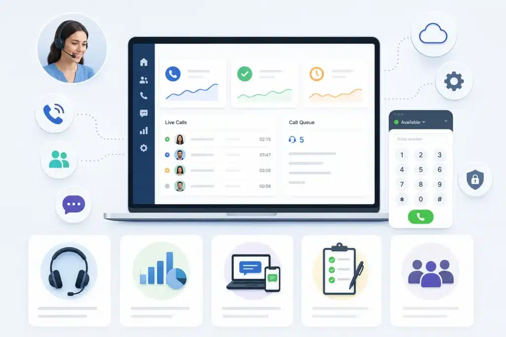 Modern call center dashboard with live calls, analytics, and support agent visuals.