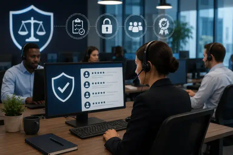 Alt text: A modern call center office shows agents wearing headsets and working at computers, with security and compliance symbols such as a shield, checklist, lock, team icon, and approval badge displayed above them. The scene represents secure, compliant, and quality-focused call center operations.