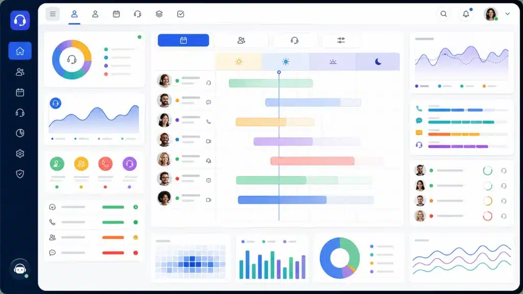 Modern call center scheduling software dashboard showing a central shift timeline with agent avatars, colored schedule bars, availability indicators, analytics charts, call volume widgets, performance graphs, and communication icons in a clean SaaS-style interface.