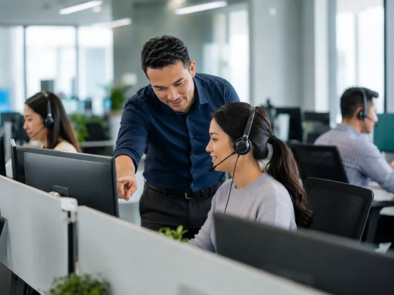 A call center supervisor coaches a smiling customer service representative wearing a headset while pointing at her computer screen in a modern office with other agents working in the background.