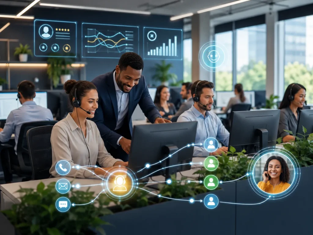 Call center team using headsets and computers in a modern office, with a supervisor assisting an agent and digital icons showing customer support channels, performance analytics, and workflow optimization.