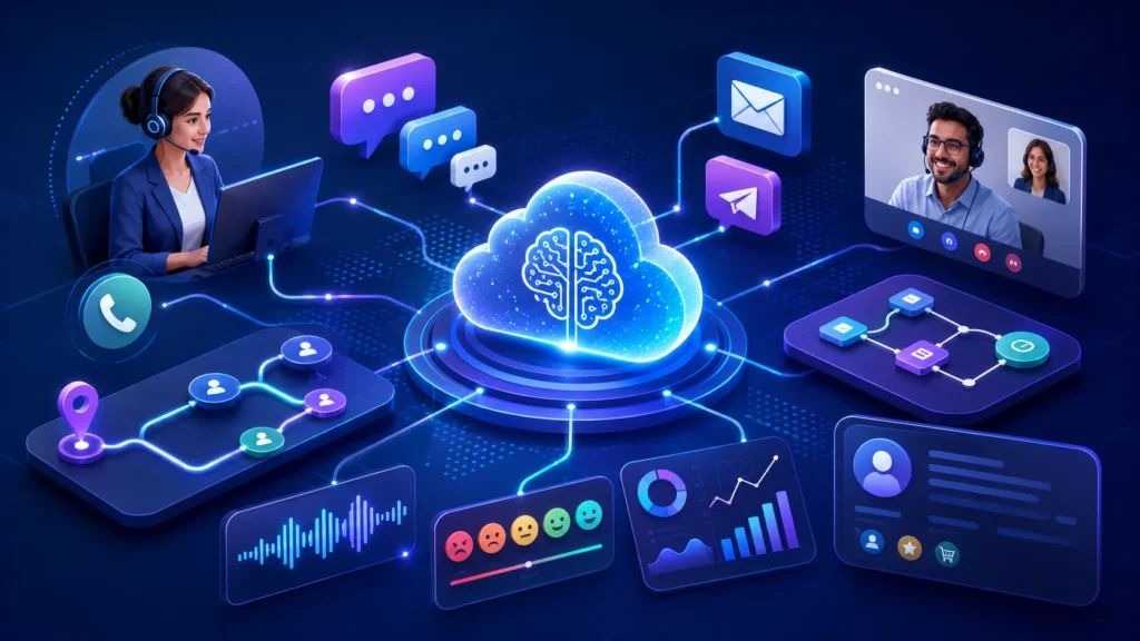 Futuristic AI-powered contact center network with a glowing cloud and digital brain connected to customer service agents, phone, chat, email, video calls, automated workflows, voice analytics, sentiment tracking, routing, performance dashboards, and customer profiles.