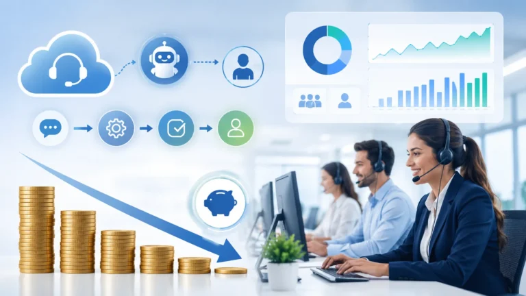 Call center cost reduction concept showing headset agents working at computers, automation and analytics icons, decreasing coin stacks, a downward savings arrow, and a piggy bank symbol in a modern office setting.