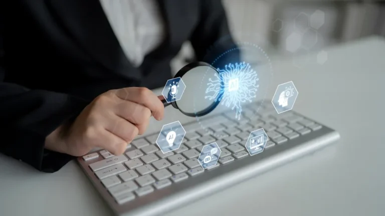 Business professional using a magnifying glass to inspect artificial intelligence (AI) cybersecurity, machine learning, and digital data protection on a computer keyboard.