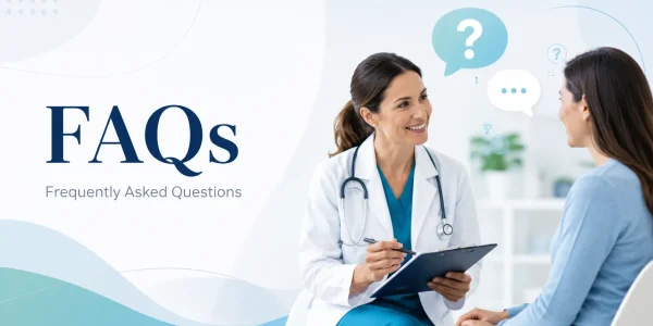 A healthcare FAQ page banner showing a smiling doctor in a white coat speaking with a patient, with question mark and speech bubble icons on a soft blue and white medical-themed background.